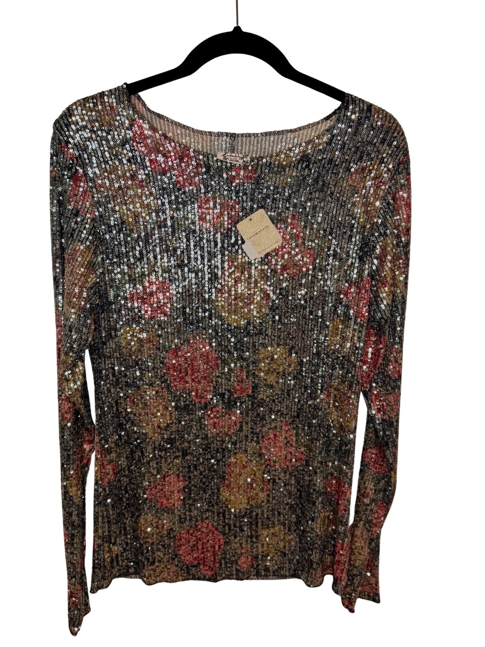 Free People Intimately Gold Rush Sequin Floral Top NWT | Party Holiday Boho XL